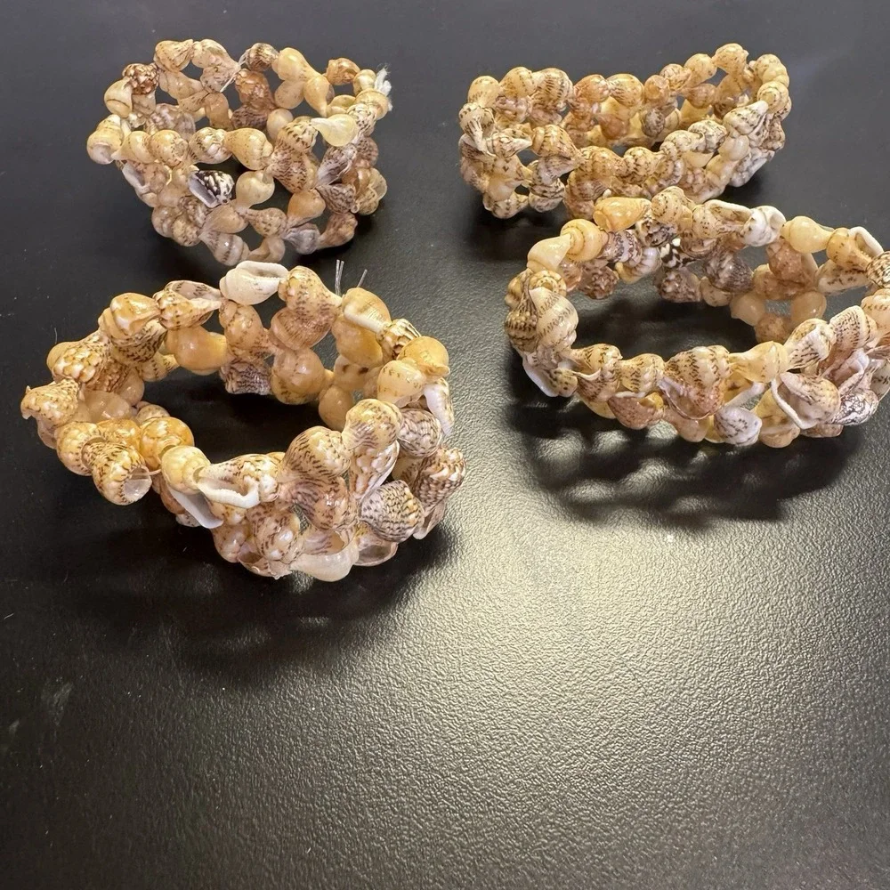 Set Of 4 Tiny Strung Sea Shell Napkin Rings Vintage